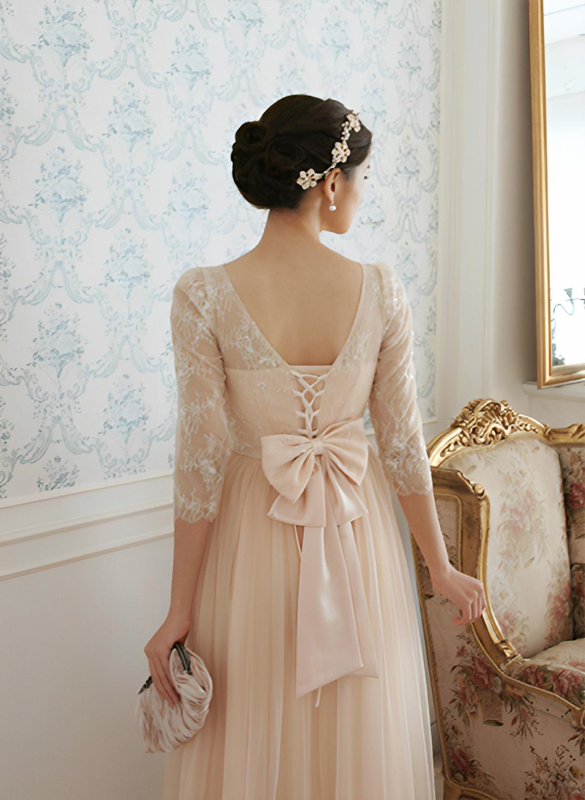 A-Line/Princess 3/4 Sleeve Scoop Neck Ankle-Length Tulle Bridesmaid Dresses With Lace Pleated