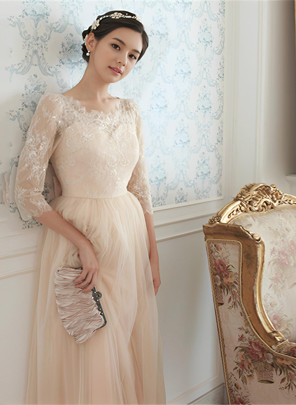 A-Line/Princess 3/4 Sleeve Scoop Neck Ankle-Length Tulle Bridesmaid Dresses With Lace Pleated