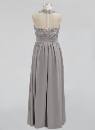 A-Line High Neck Sleeveless Floor-Length Chiffon Bridesmaid Dresses With Split Front