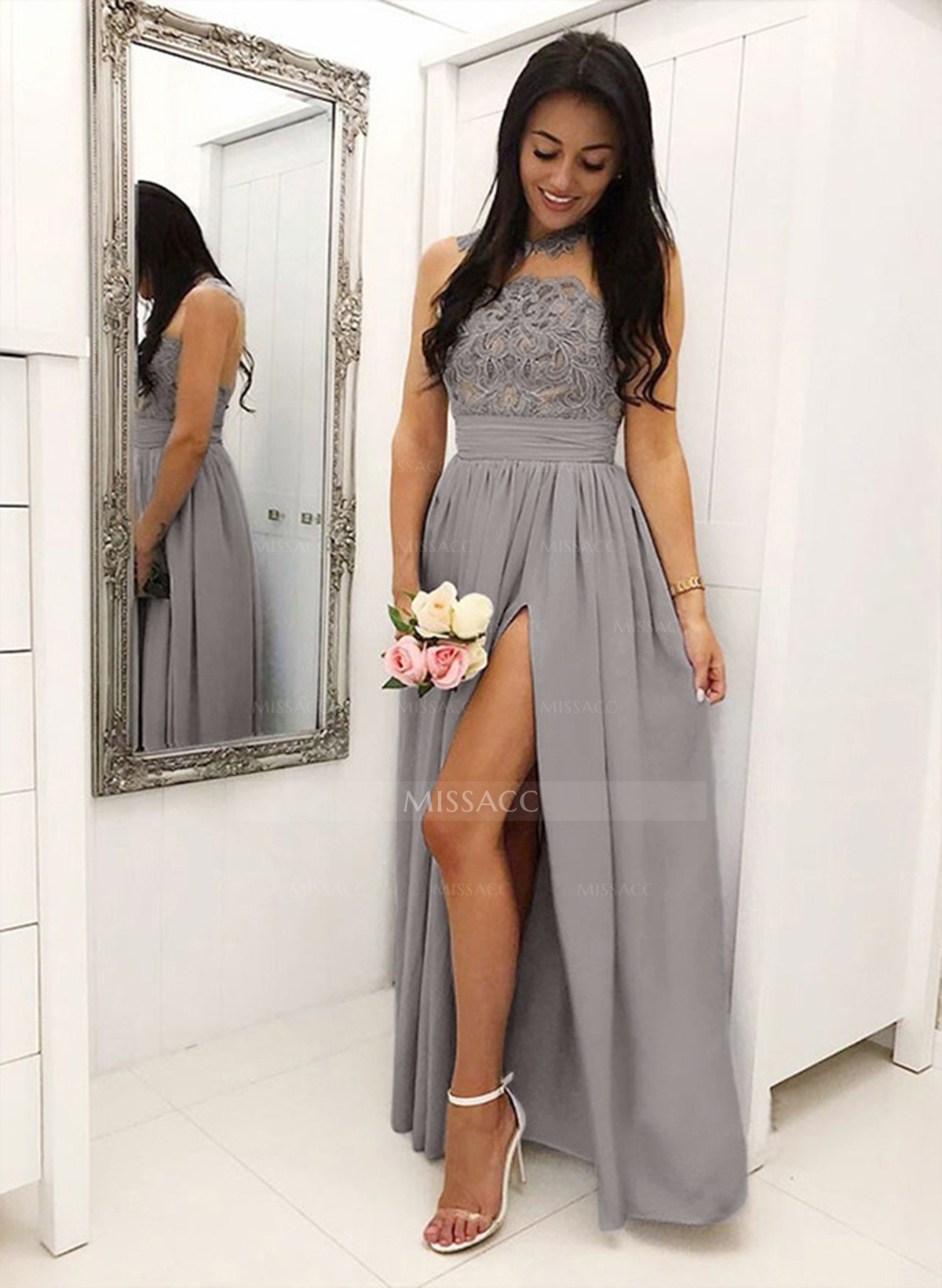 A-Line High Neck Sleeveless Floor-Length Chiffon Bridesmaid Dresses With Split Front