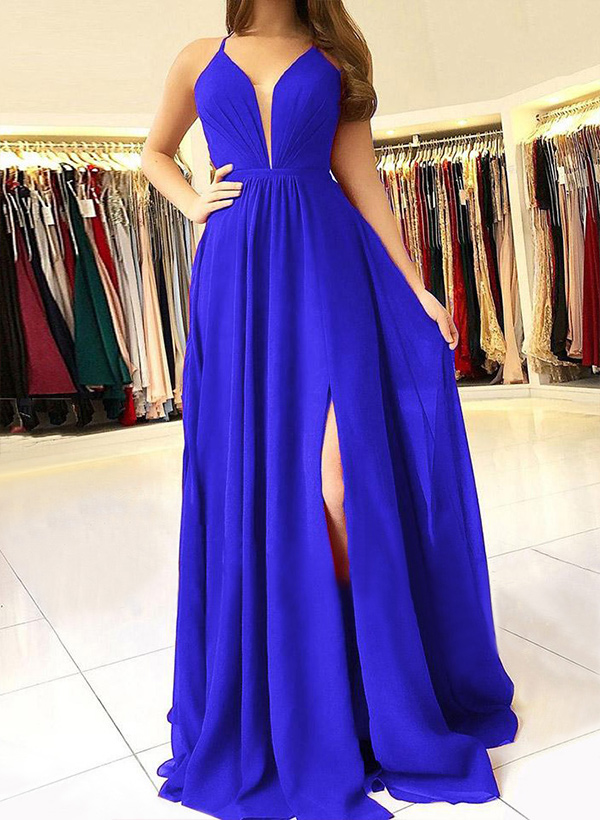 A-line/Princess V-Neck Sleeveless Floor-Length Chiffon Bridesmaid Dress With Split Front