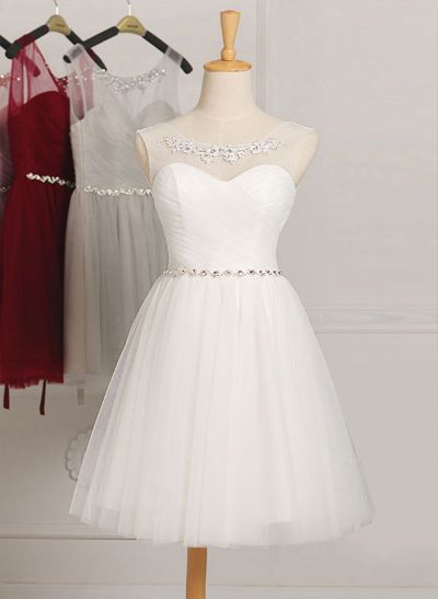 A-Line Illusion Neck Knee-Length Tulle Bridesmaid Dress With Pleated Beading