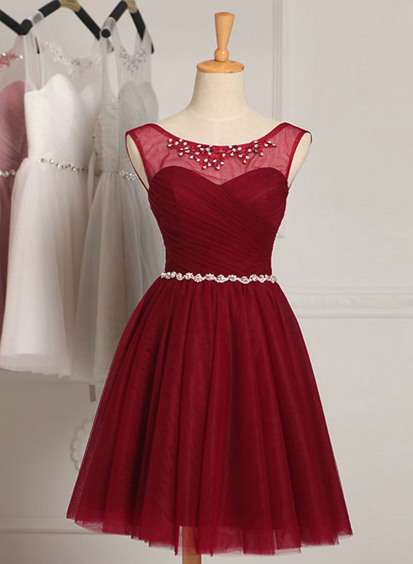 A-Line Illusion Neck Knee-Length Tulle Bridesmaid Dress With Pleated Beading