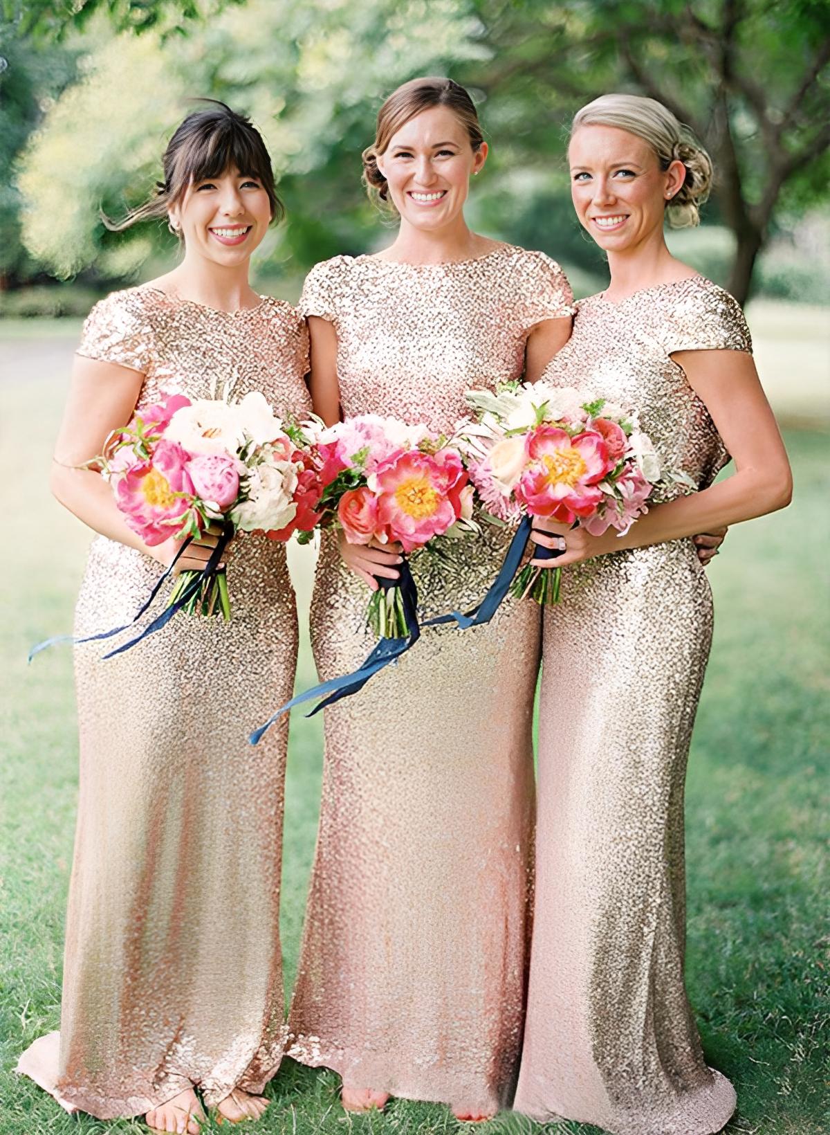 Sheath/Column Scoop Neck Sequined Sweep Train Bridesmaid Dresses With Sequins