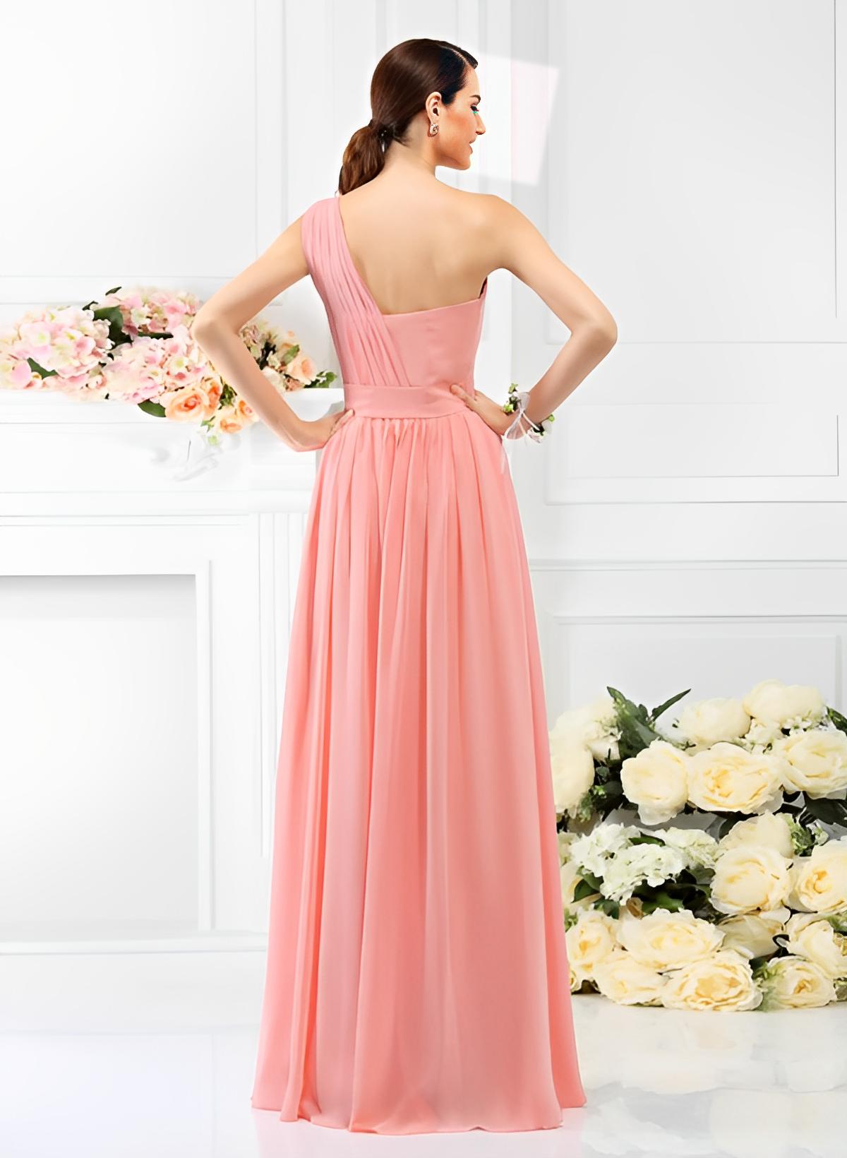 A-Line Chiffon One-Shoulder Sleeveless Floor-Length Bridesmaid Dresses With Pleated