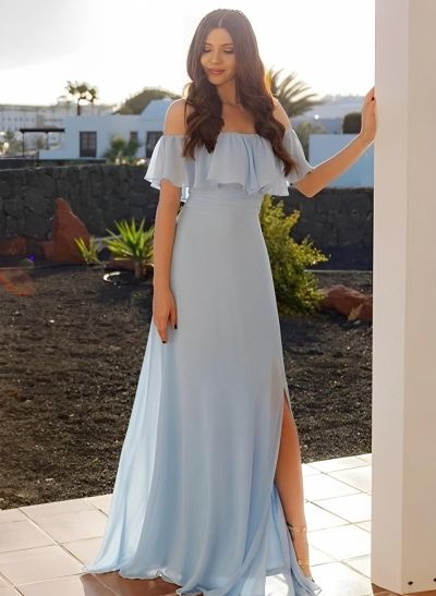 A-Line Off-the-Shoulder Chiffon  floor-Length Bridesmaid Dresses With Split Front