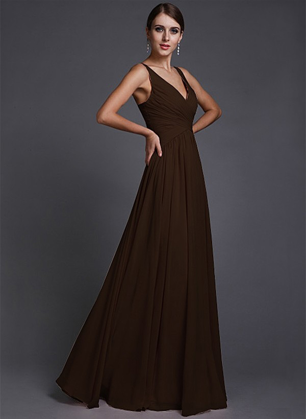 A-Line Chiffon V-neck Sleeveless Floor-Length Bridesmaid Dresses With Ruffle