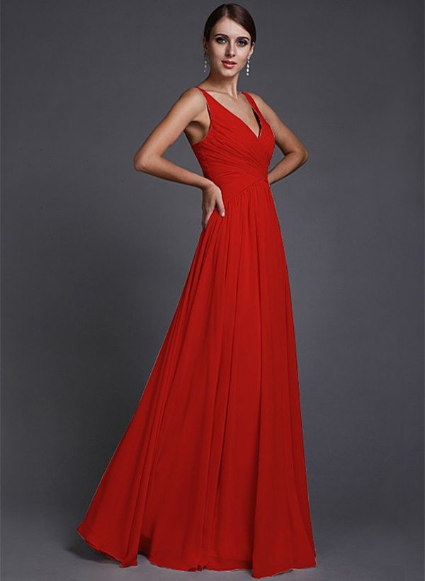 A-Line Chiffon V-neck Sleeveless Floor-Length Bridesmaid Dresses With Ruffle