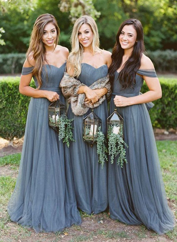A-Line/Princess Off-the-Shoulder Floor-Length Tulle Bridesmaid Dresses With Ruffle