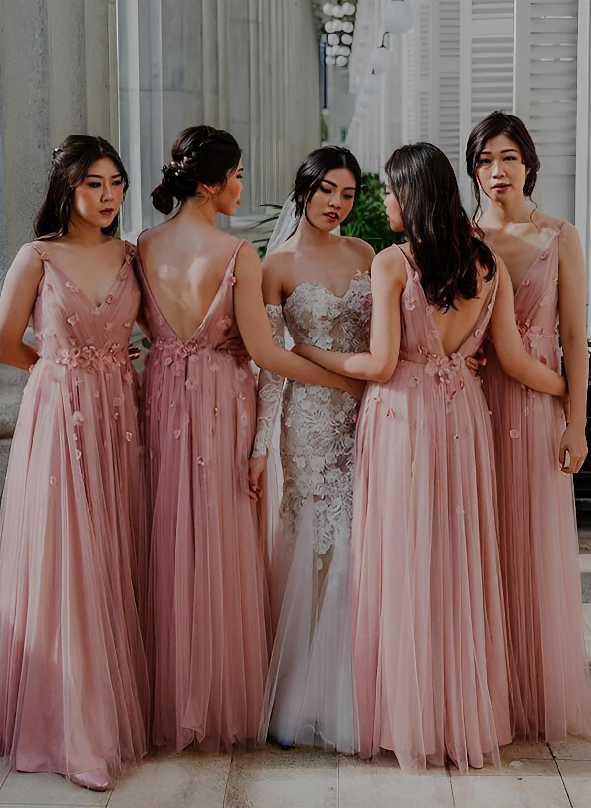 A-Line/Princess V-Neck Tulle floor-Length Bridesmaid Dresses