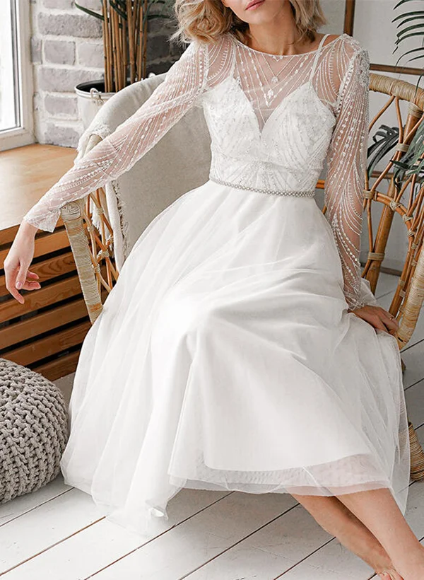 a line scoop neck tea length dresses A-Line Scoop Neck Tea-Length Tulle Wedding Dresses With Lace