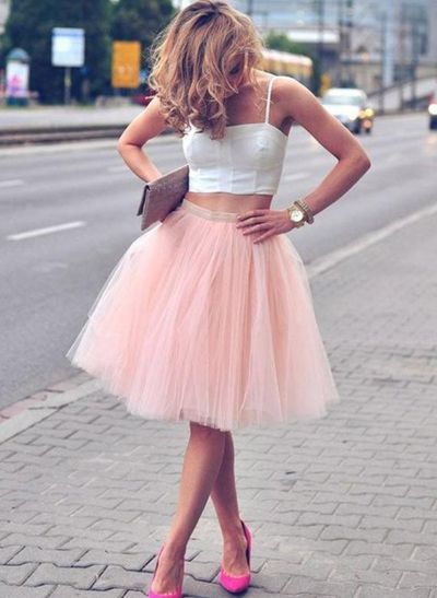 A-Line/Princess Square Neckline Knee-Length Tulle Two Piece Cocktail Dresses With Pleats