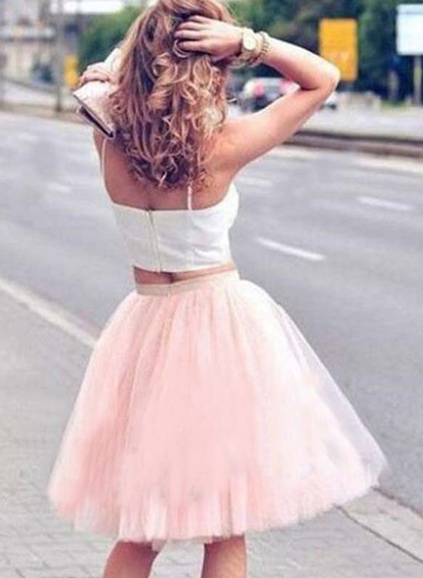 A-Line/Princess Square Neckline Knee-Length Tulle Two Piece Cocktail Dresses With Pleats