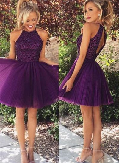 A-Line/Princess High Neck Short/Mini Tulle Cocktail Dresses WIth Lace