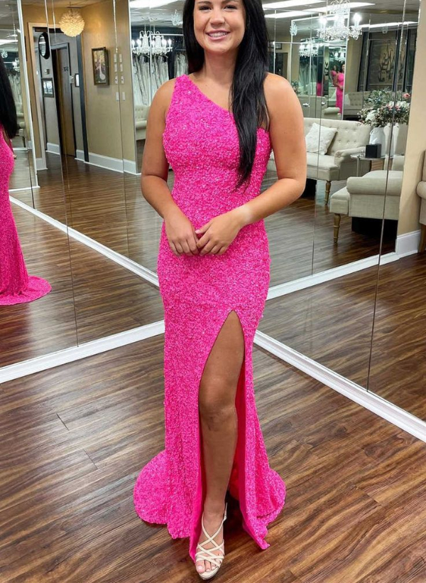Sheath/Column One Shoulder Sequined Sweep Train Evening Dresses With Split Front Sequins