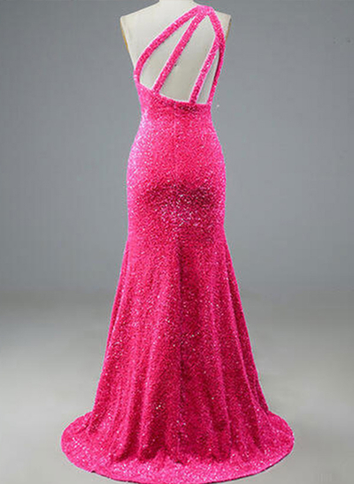 Sheath/Column One Shoulder Sequined Sweep Train Evening Dresses With Split Front Sequins