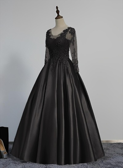 Ball-Gown V-Neck Satin Lace Floor-Length Evening Dresses With Appliques Lace Beading