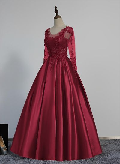 Ball-Gown V-Neck Satin Lace Floor-Length Evening Dresses With Appliques Lace Beading