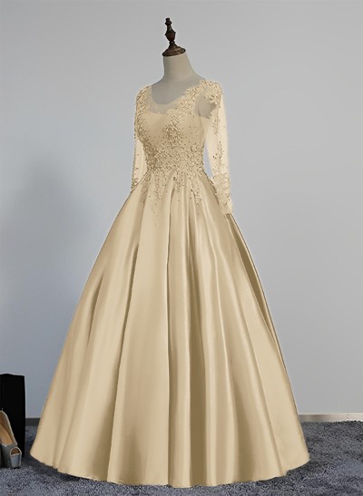 Ball-Gown V-Neck Satin Lace Floor-Length Evening Dresses With Appliques Lace Beading