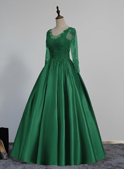 Ball-Gown V-Neck Satin Lace Floor-Length Evening Dresses With Appliques Lace Beading