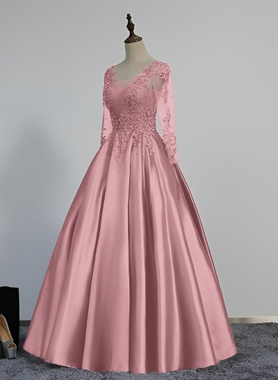 Ball-Gown V-Neck Satin Lace Floor-Length Evening Dresses With Appliques Lace Beading