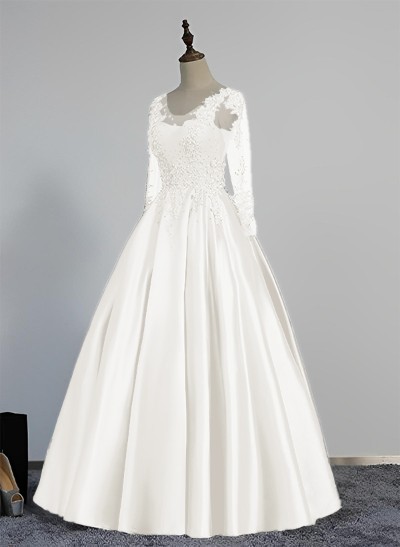 Ball-Gown V-Neck Satin Lace Floor-Length Evening Dresses With Appliques Lace Beading