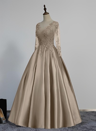 Ball-Gown V-Neck Satin Lace Floor-Length Evening Dresses With Appliques Lace Beading