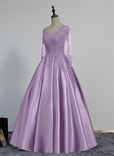 Ball-Gown V-Neck Satin Lace Floor-Length Evening Dresses With Appliques Lace Beading