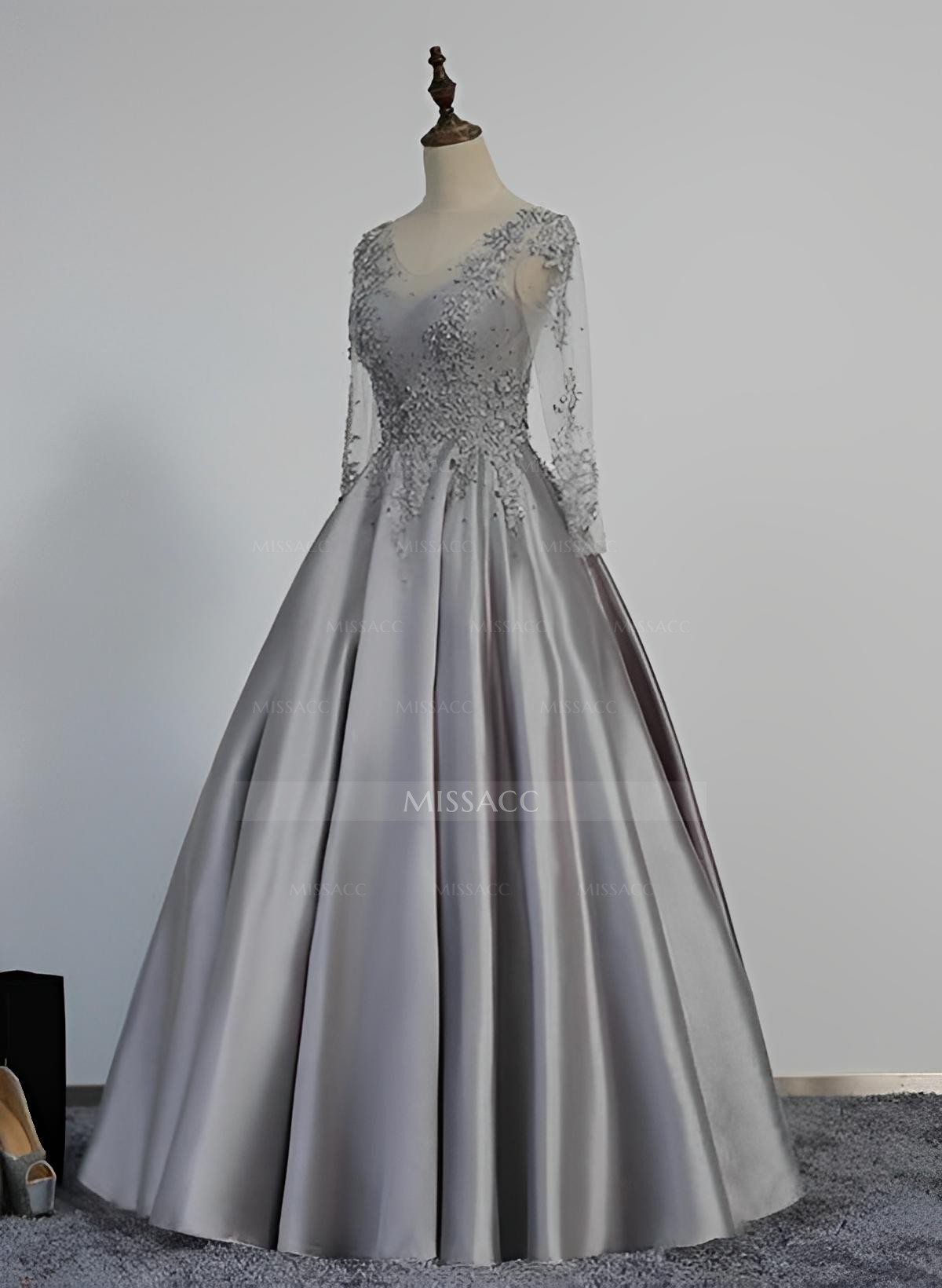 Ball-Gown V-Neck Satin Lace Floor-Length Evening Dresses With Appliques Lace Beading