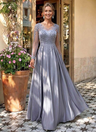Ball-Gown V-Neck Satin Lace Floor-Length Evening Dresses With Appliques Lace Beading