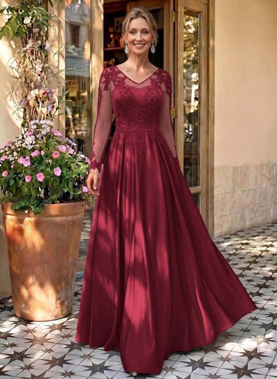 Ball-Gown V-Neck Satin Lace Floor-Length Evening Dresses With Appliques Lace Beading