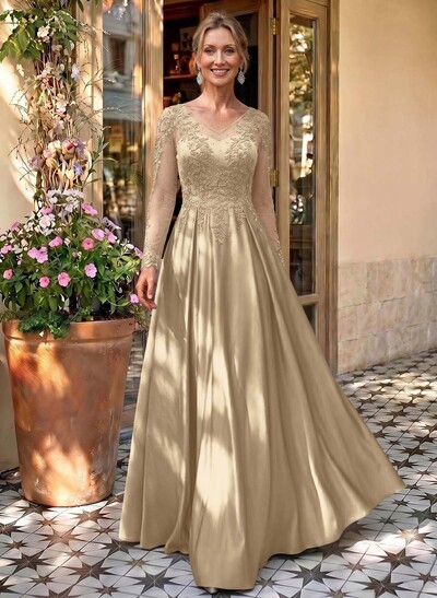 Ball-Gown V-Neck Satin Lace Floor-Length Evening Dresses With Appliques Lace Beading