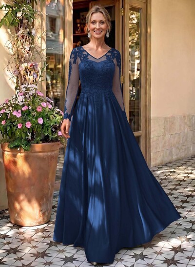 Ball-Gown V-Neck Satin Lace Floor-Length Evening Dresses With Appliques Lace Beading