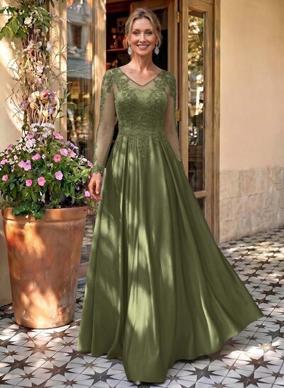 Ball-Gown V-Neck Satin Lace Floor-Length Evening Dresses With Appliques Lace Beading