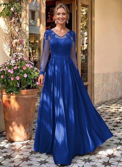 Ball-Gown V-Neck Satin Lace Floor-Length Evening Dresses With Appliques Lace Beading