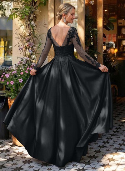 Ball-Gown V-Neck Satin Lace Floor-Length Evening Dresses With Appliques Lace Beading