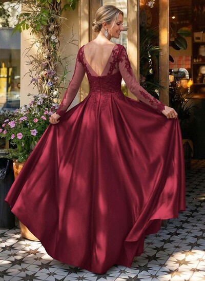 Ball-Gown V-Neck Satin Lace Floor-Length Evening Dresses With Appliques Lace Beading