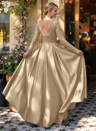 Ball-Gown V-Neck Satin Lace Floor-Length Evening Dresses With Appliques Lace Beading