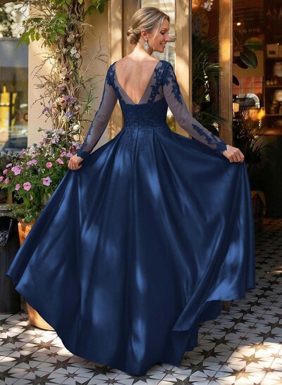 Ball-Gown V-Neck Satin Lace Floor-Length Evening Dresses With Appliques Lace Beading
