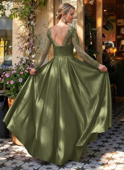 Ball-Gown V-Neck Satin Lace Floor-Length Evening Dresses With Appliques Lace Beading