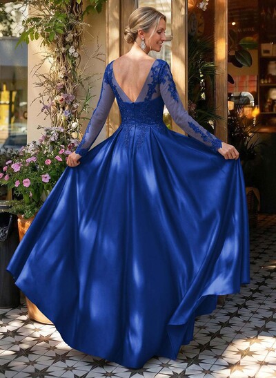 Ball-Gown V-Neck Satin Lace Floor-Length Evening Dresses With Appliques Lace Beading