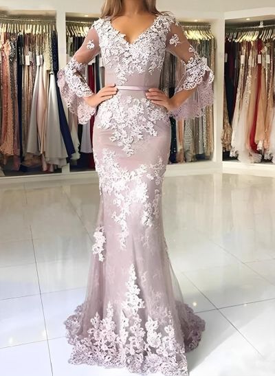 Trumpet/Mermaid V-neck Tulle Long Sleeves Sweep Train Evening Dresses With Appliques Lace