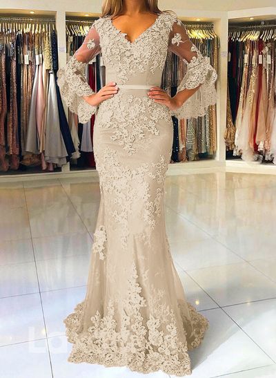 Trumpet/Mermaid V-Neck Tulle Long Sleeves Sweep Train Evening Dresses With Appliques Lace