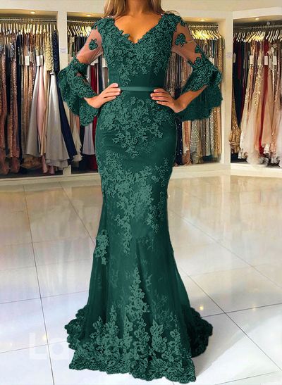 Trumpet/Mermaid V-Neck Tulle Long Sleeves Sweep Train Evening Dresses With Appliques Lace