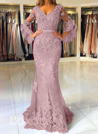 Trumpet/Mermaid V-Neck Tulle Long Sleeves Sweep Train Evening Dresses With Appliques Lace