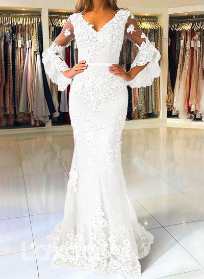 Trumpet/Mermaid V-Neck Tulle Long Sleeves Sweep Train Evening Dresses With Appliques Lace