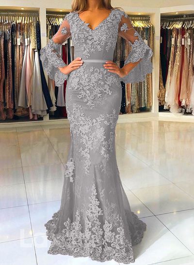 Trumpet/Mermaid V-Neck Tulle Long Sleeves Sweep Train Evening Dresses With Appliques Lace