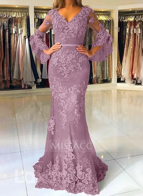 Trumpet/Mermaid V-Neck Tulle Long Sleeves Sweep Train Evening Dresses With Appliques Lace #SED10003 $164