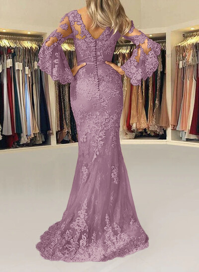 Trumpet/Mermaid V-Neck Tulle Long Sleeves Sweep Train Evening Dresses With Appliques Lace