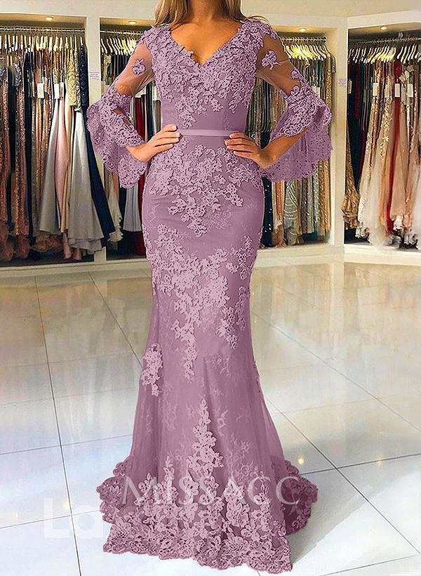 Trumpet/Mermaid V-Neck Tulle Long Sleeves Sweep Train Evening Dresses With Appliques Lace